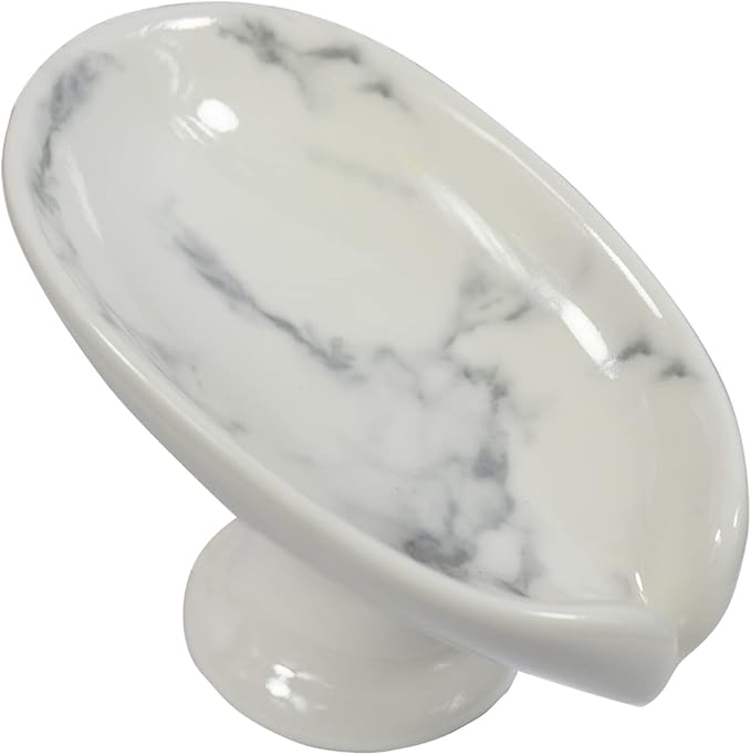 Self-Draining Soap Dish White Marble Ceramic Soap Holder Stand Style Waterfall Soap Dish Soap Savers for Bar Soap, for Bathroom, for Shower, for Bar Counter