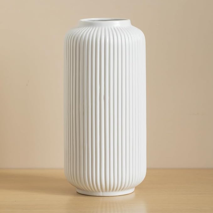 10 Inch Tall Glossy White Ceramic Ribbed Vase for Flowers & Pampas Grass, Simple Modern Decorative Vases for Home Decor Table Centerpieces
