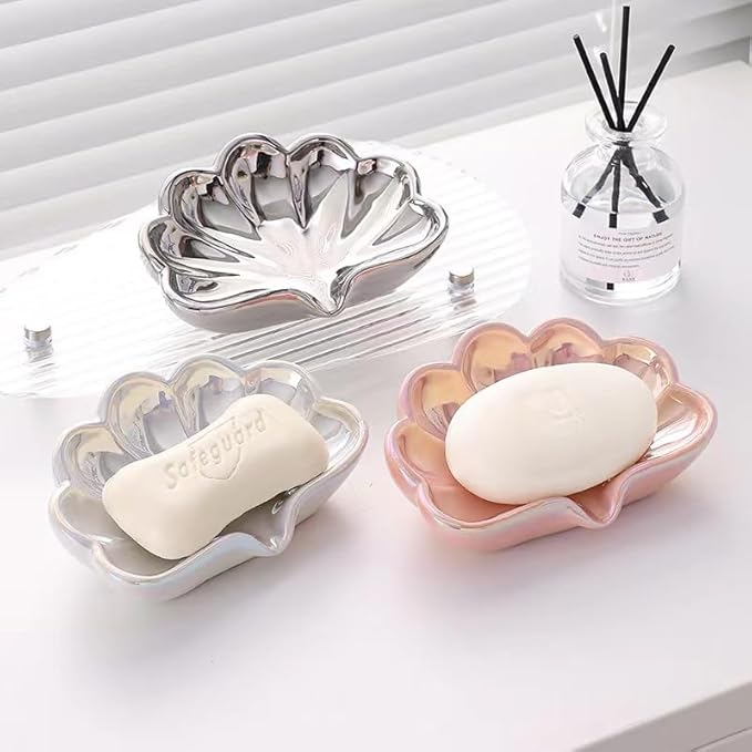 Seashell Ceramic Soap Dish for Bathroom - Efficient Drainage System Prevents Soap Melting, Non-Slip Base with Jewelry Holder, Crack-Resistant Shower Safe Design (White)