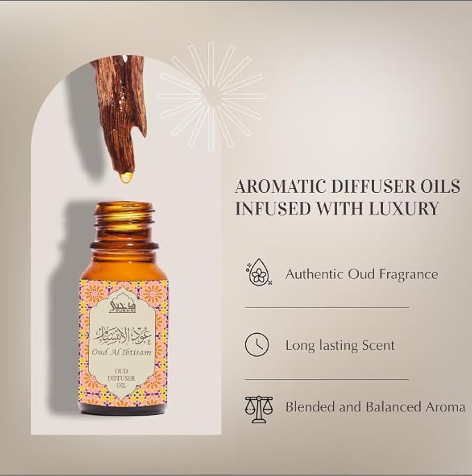 Oud Diffuser Oil, Oud Al Ibtisam by Dukhni | 3 x 10ml Arabic Oil for Diffuser & humidifier | 100% Pure Halal, Oudh Essential Oil Blend | Relax with Home Aromatherapy, for Relaxation and Massage