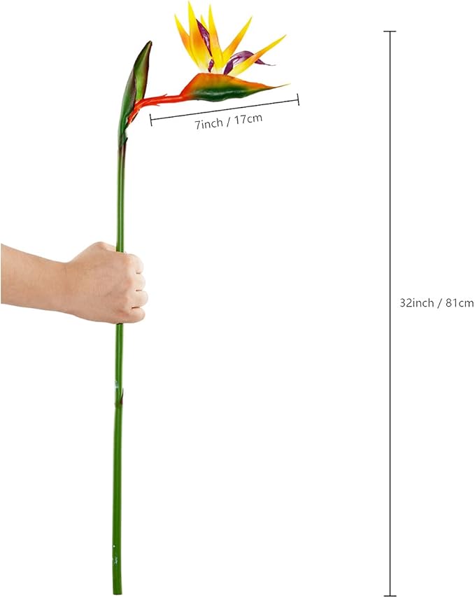 Artificial Bird of Paradise Flowers Rubber Strelitzia 32'in Long Stem Flower 3 Pcs,Suitable for DIY Home Decor Party Theme Display (Orange)