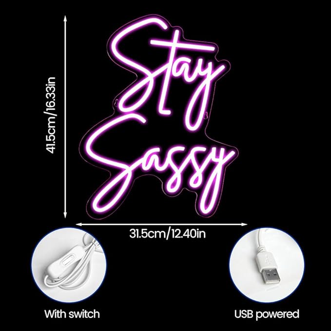Stay Sassy Neon Sign for Wall Decor, Beautiful Pink Sassy Neon Light Led Sign for Home Wedding Birthday Party Girls Bedroom Decoration, Shopping Mall Dressing Table Wall Decor