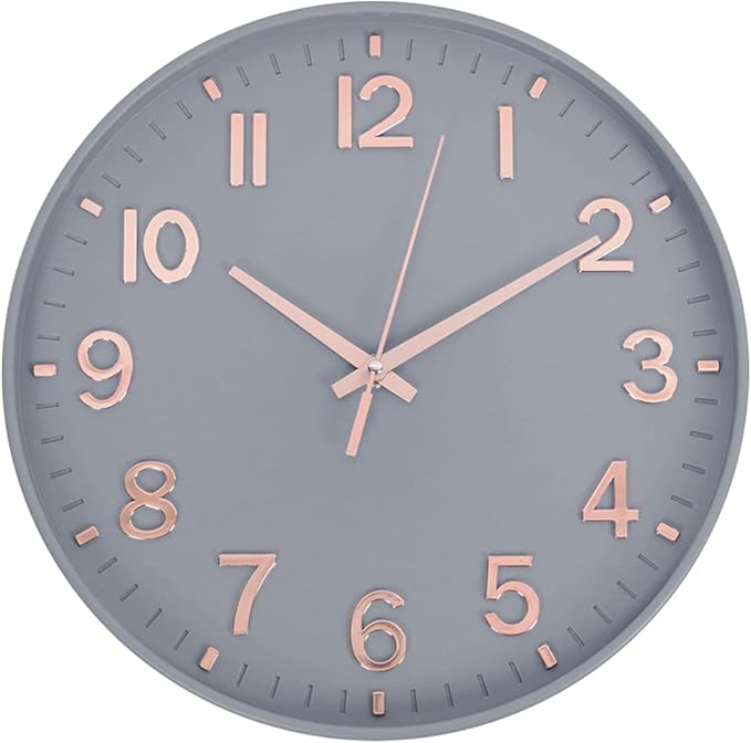HZDHCLH Modern Wall Clocks Battery Operated,12 inch Silent Non Ticking Round Quartz Clock for Wall,3D Numbers Wall Clock for Kitchen Bedroom Living Room Office Classroom Decor (Grey-Rosegold)