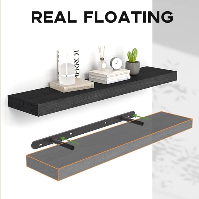 Habudda Floating Shelves, Wall Hanging Wood Shelf for Rustic Home Decor, Bathroom, Bedroom, Kitchen Display, Natural Wood, Invisible Bracket, 30", 2-Pack (Black, 30"×6.7"×1.6")