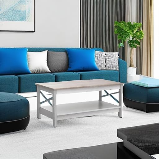 YITAHOME Coffee Tables for Living Room, Modern Farmhouse Coffee Table with Storage, 2-Tier Center Table Wood Living Room Table Accent Cocktail with Sturdy Frame, Grey Wash