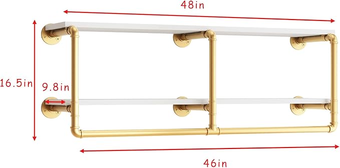 HOMEKAYT 48'' Industrial Pipe Shelving Floating Wall Shelves 2 Tier Gold Shelves Multiple Use for Kitchen, Bedroom,Living Room,Bathroom