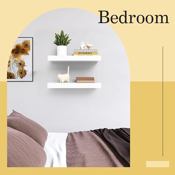 Habudda Floating Shelves, Natural Wall Shelf, White Wooden Rustic Decor for Bathroom Kitchen Bedroom, 17 Inches Hanging Mounted Invisible Bracket, 2 Set