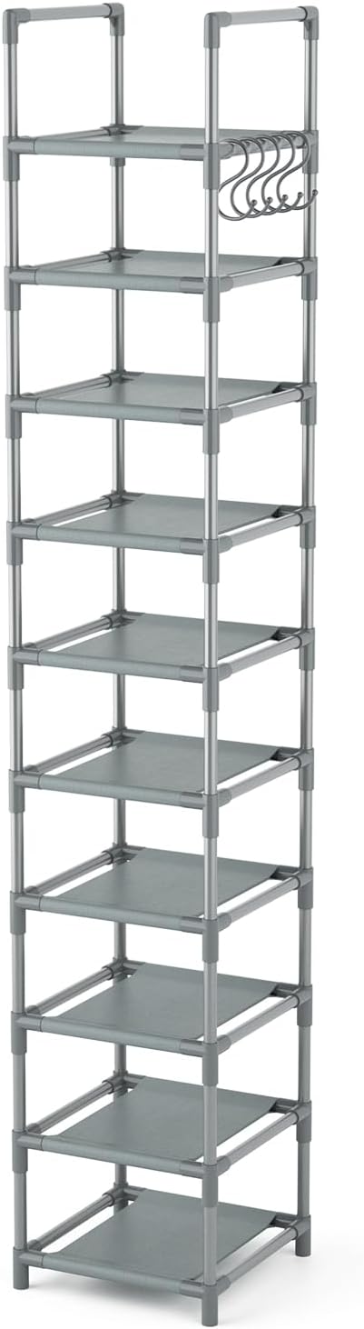 Narrow Shoe Rack 10-Tier Tall Shoe Organizer Skinny Shoe Shelf Storage for 10-15 Pairs Shoe and Boot, Space Saving Corner Shoe Rack Organizer for Closet, Entryway, Living Room, Grey