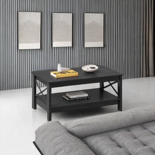 YITAHOME Coffee Table for Living Room, Modern Farmhouse Coffee Table with Storage, 2-Tier Center Table for Living Room Wood Living Room Table Accent Cocktail with Sturdy Frame, Black