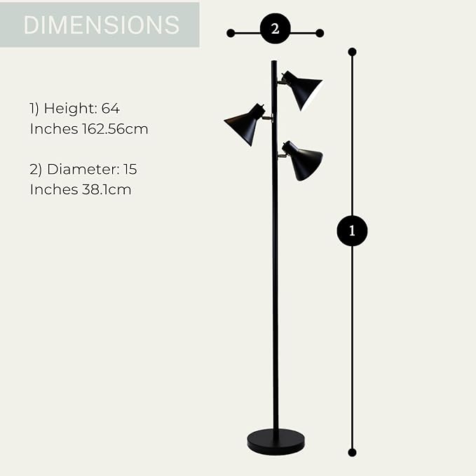 LIGHTACCENTS Black Tree Floor Lamp with 3 Adjustable Lights – Modern Standing Lamp, Adjustable Black Lamp Shades, Pole Light for Living Room, Bedroom, and Office