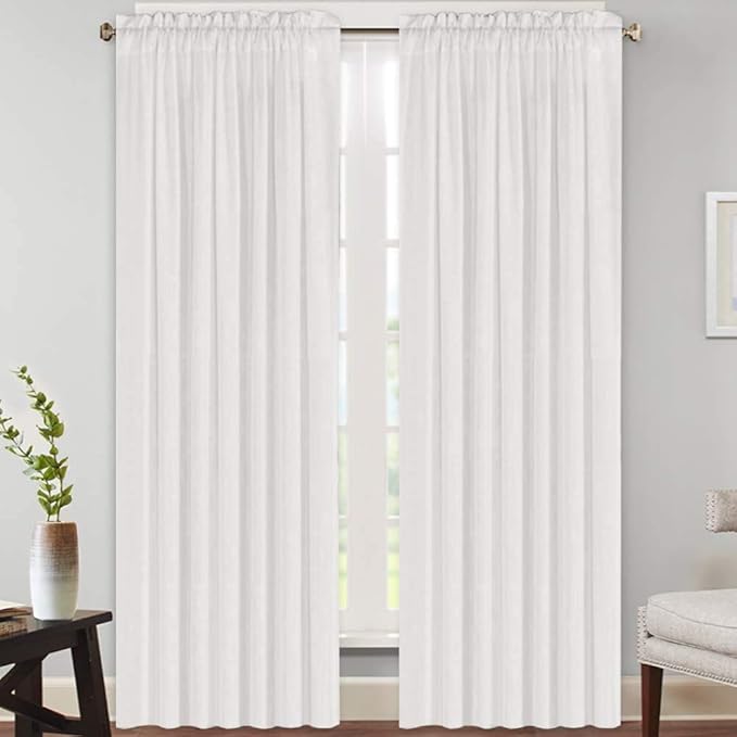 PrinceDeco Linen Curtains 84 Inch Long Rod Pocket Window Drapes for Bedroom Energy Saving Light Reducing Vertical Drapes Country Rustic Linen Blended Curtains,2 Panels (White, 52" W x 84" L)