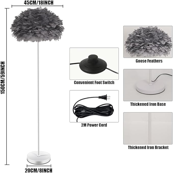 Feather Floor Lamp,Grey Floor Lamp for Bedroom,Unique Floorlamp Home Office Decor,Tall Lamps for Living Room,Goose Feather Lampshade,Modern Standing Lamps for Dinningroom,Corner,Behind Couch
