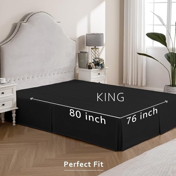 MIYE Pleated Waffle Weave Bed Skirt, Tailored Dust Ruffle 18 Inch Drop Easy Fit, Machine Washable (Black, King - 18" Drop)