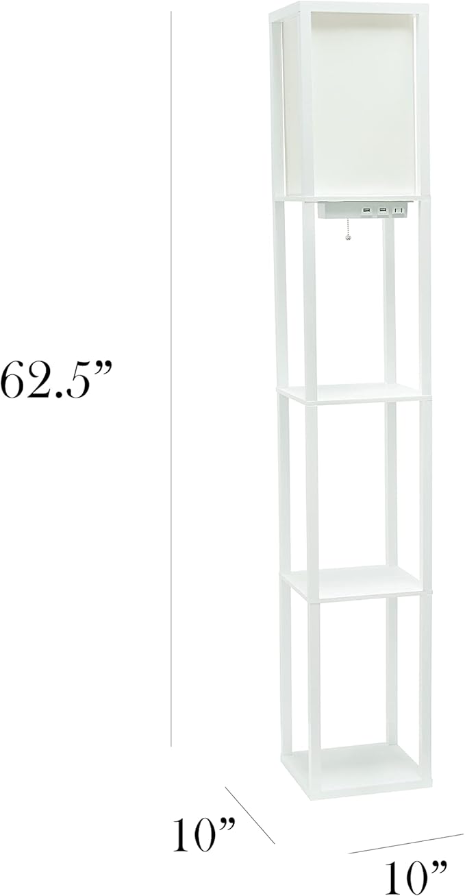 Simple Designs LF1037-WHT Floor Lamp Etagere Organizer Storage Shelf with 2 USB Charging Ports, 1 Charging Outlet and Linen Shade, White