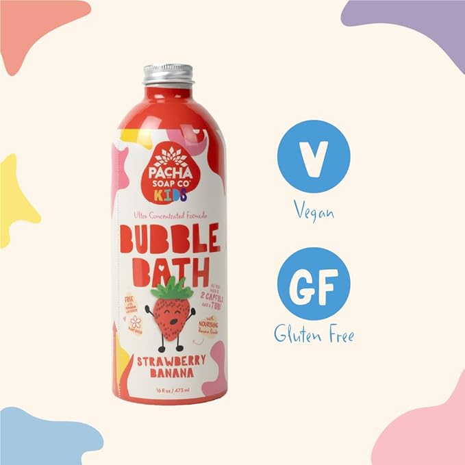 Pacha Soap Co. Kids Bubble Bath, Strawberry Banana, 2 Pack - Make Bathtime Fun & Squeaky Clean, Ultra-Concentrated, Foaming, Plant-Based, Vitamin Rich, Non-Toxic, Tear-Free, Recyclable