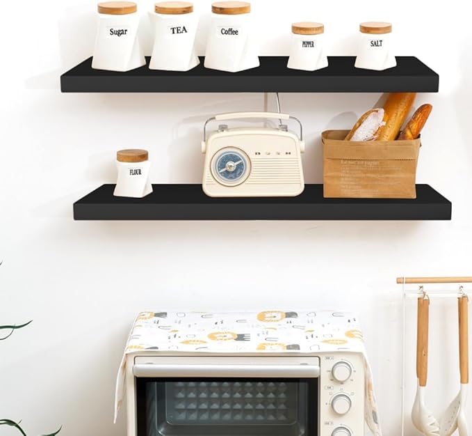 Floating Shelves for Wall, 16*6*1inch Wood Wall Mounted Shelves for Room Decor, Repisas Flotantes for Book Bathroom Bedroom Storage, Renter Friendly Shelves with Invisible Brackets (Black)