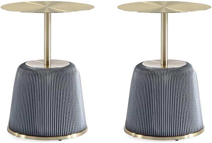 Manhattan Comfort Anderson Modern 15.75" Round End Tables 1.0 - Elegant Leatherette Upholstered Base with Pleated Design & Gold Steel Tabletop, Fully Assembled Accent Furniture, Set of 2, Grey