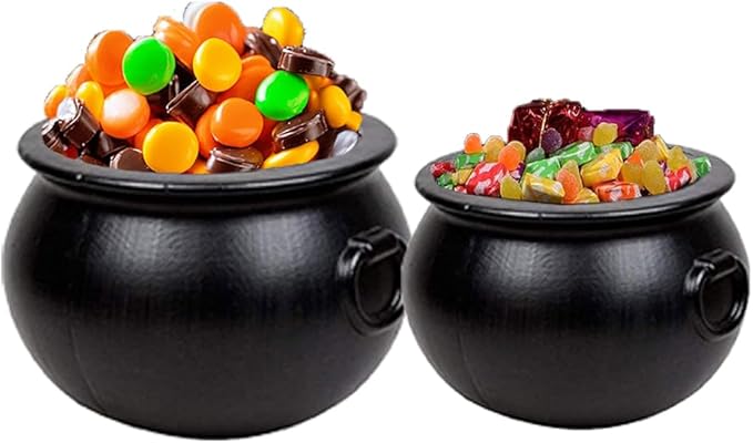 PMU 2pc Halloween Cauldron - Multi-Pack Assortment Plastic Candy Holder for Kids - Halloween Party Favors & Supplies - Black - (1) 16" 20115, (1) 12" 55120