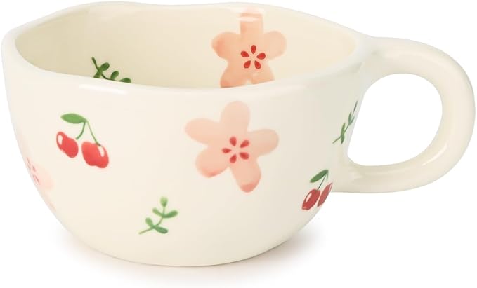 Koythin Ceramic Coffee Mug, Handmade Hot Chocolate Mugs, Cute Cup for Girl Women, Aesthetic Tea Milk Cup with Handle, 8.5 oz/250 ml for Latte, Cocoa, Office, Home (Pink Cherry Flowers)