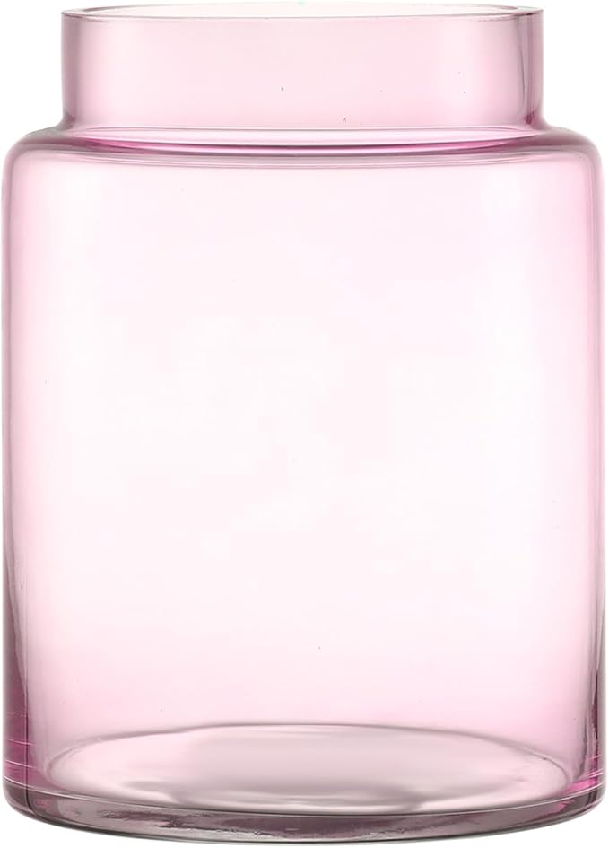 Large Glass Vase, 7 Inch Pink Glass Vase, Large Flower Vases for Bouquet, Wide Mouth Vases for Flowers, Home, Wedding, Living Room, Office Decor