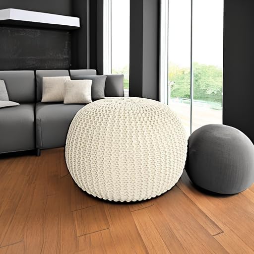 HOMBYS Unstuffed Ottoman Pouf Cover, 100% Cotton Handmade Knitted Ottoman Pouf Cover Round Foot Stool, Floor Bean Bag Chair, Foot Rest with Storage for Living Room Bedroom, Beige(Cover ONLY NO Filler)