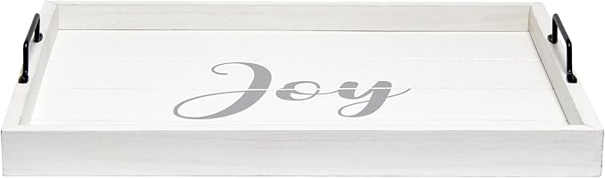 Elegant Designs, 15.50" x 12", Decorative Wood Serving Tray w/Handles, White Wash Joy (HG2000-WJY)