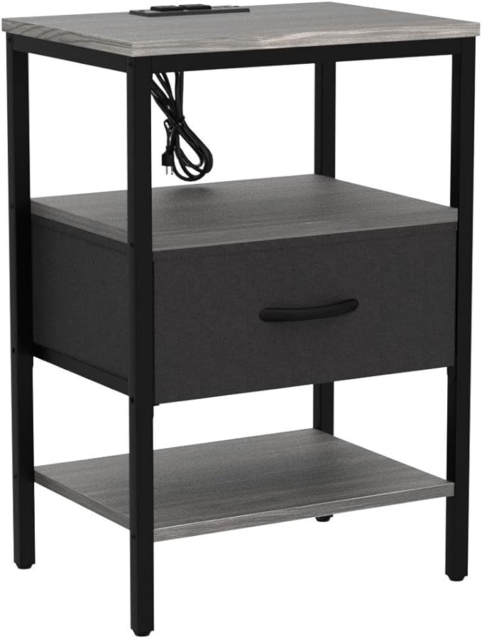 SUPERJARE Nightstand Set of 2, Bed Side Tables with Charging Station, Adjustable Fabric Drawer, Night Stand for Bedroom, 3-Tier Storage End Tables, for Living Room - Charcoal Gray 8030HC