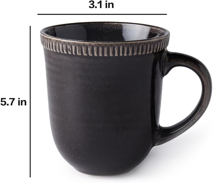 Ceramic Coffee Mugs, Set of Two, Black mugs, 15oz, Vintage Tea Cups with Handle for Office/Home, Handmade Pottery Mug, Embossment Craft, Dishwasher and Microwave Safe. (Black)