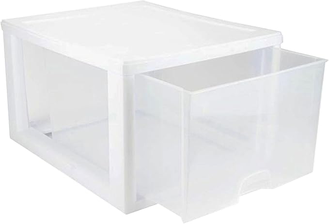 Sterilite 4-Pack 27 Quart Stacking Drawer, Clear Storage Closet Organizer, White Frame - Stackable Modular Plastic Drawers for Clothes, Accessories, Craft Supplies, Shoes or Linens