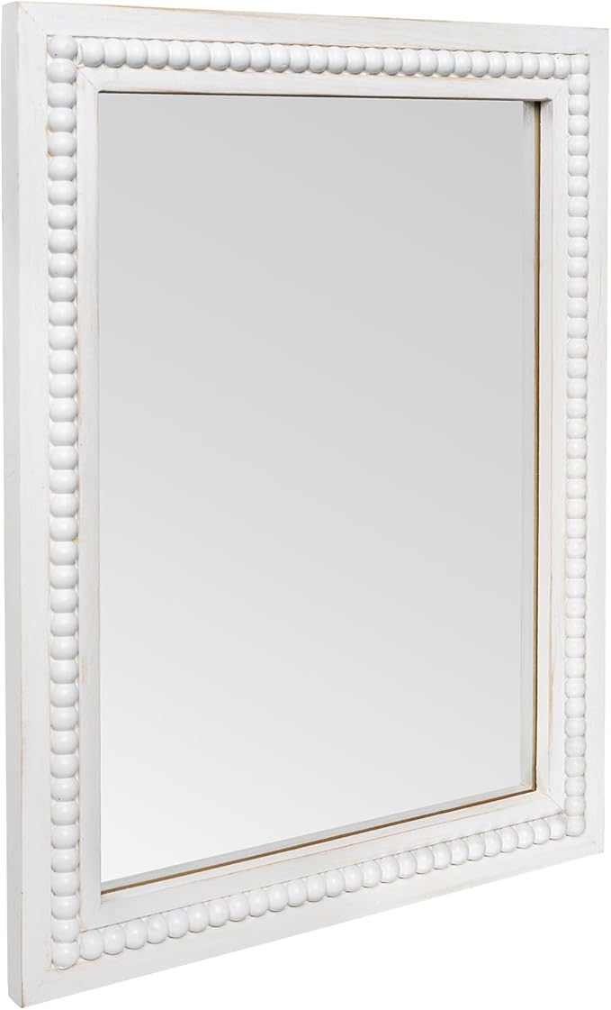 White Wood Beaded Frame Wall Mount Mirror, 12 x 16 Inches Modern Farmhouse Real Glass Horizontal/Vertical Hanging Mirror for Bathroom, Living Room, Entryway