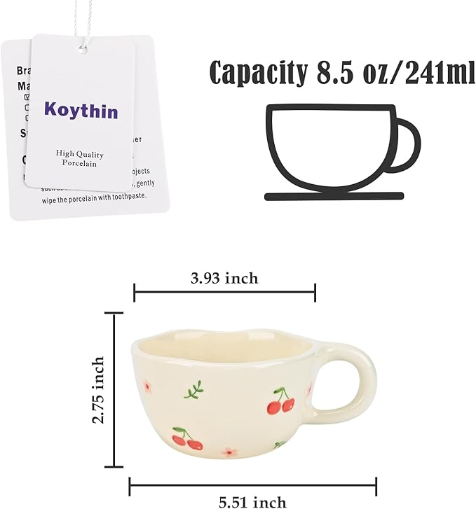 Koythin Ceramic Coffee Mug, Handmade Hot Chocolate Mugs, Cute Cup for Girl Women, Aesthetic Tea Milk Cup with Handle, 8.5 oz/250 ml for Latte, Cocoa, Office, Home (Cherry Flower)
