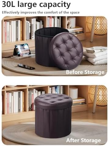 Bsketa® Folding Storage Ottoman Round 14" x 14" x 13"Inch, Foot Stool with Thicker Foam Padded Seat Small Leather Storage Ottoman Bench Foot Rest for Living Room Foldable Coffee Table,Brown