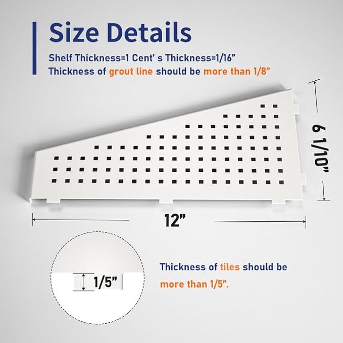 Corner Shower Shelf, 12" Trapezoid Bathroom Shelf 304 Stainless Steel Grout in Shelf for Tiled Wall, No Drilling Needed (White, 12"-2 Pack)
