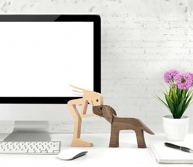 Unique Gift Hand Carved Wood Human & Dog Statue Figurine Sculpture Home Office Decor, Wooden Man & Dog Carving Model to Remember Friendship Between People & Pets (C)