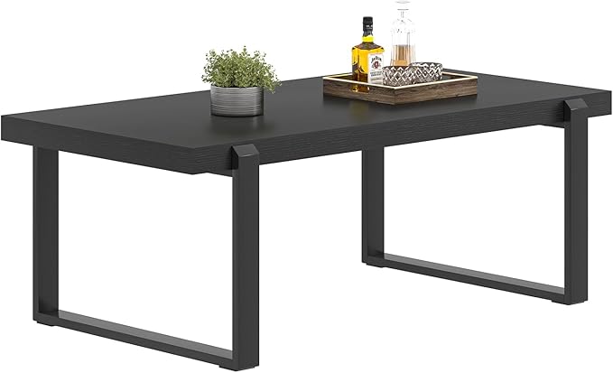 FOLUBAN Black Coffee Table, Modern Industrial Wood and Metal Center Table, Rectangle Cocktail Tea Table for Living Room, 47 Inch