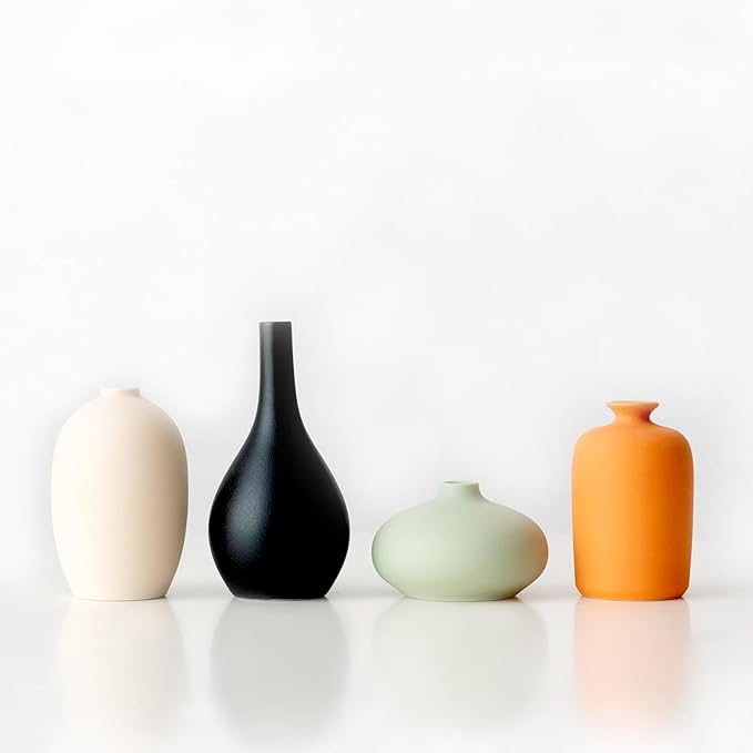 Small Matte Ceramic Vase Set of 4 - Rustic Farmhouse Decorative Vases for Shelf,Office, Home & Bohemian Style - Modern Decor Design Living Room, Table, Mantel,Colorful Unique Flower Vases