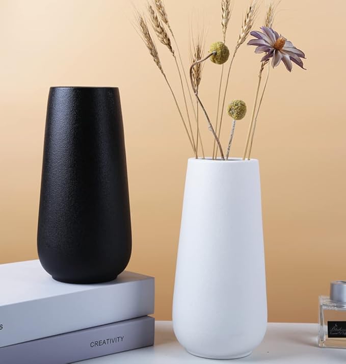 11 Inch Tall Matt White Ceramic Vase for Flowers & Pampas Grass, Classic Rustic Style Decorative Vases for Home Decor Table Centerpieces