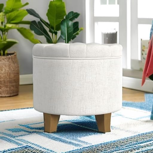 HomePop Home Decor | Upholstered Round Tufted Foot Rest Ottoman | Ottoman with Storage for Living Room & Bedroom | Decorative Home Furniture, Cream Textured Solid