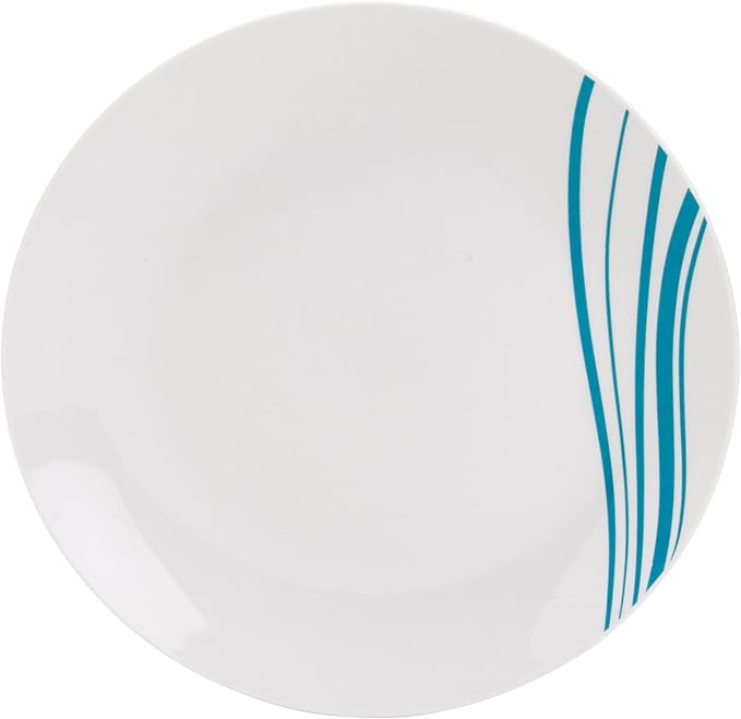 Tabletops Gallery 12-Piece White with Teal Striped Ceramic Dinnerware Set of Kitchen Dishes, Round Dinner Salad Plates Cereal Bowls, Service for 4, Marina
