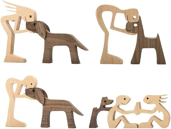 Unique Gift Hand Carved Wood Human & Dog Statue Figurine Sculpture Home Office Decor, Wooden Man & Dog Carving Model to Remember Friendship Between People & Pets (C)