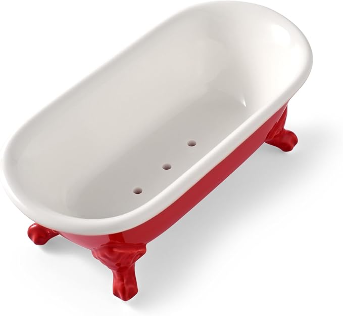 6.5" Ceramic Mini Decorative Clawfoot Bathtub Bar Soap Dish, Kitchen Sponge Holder and Shower Tray for Bathroom, 1 Pack(Chili)