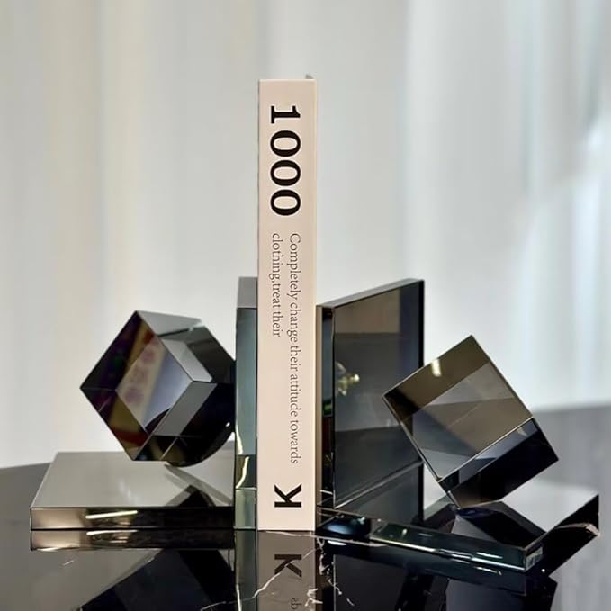 Crystal Bookends Decorative Glass Book Holders Heavy Duty Book Ends with Cube for Shelf Decor Unique Book Stopper Gray