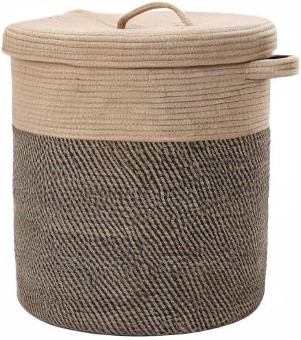 Extra Large 16" x 16" x 18" Storage Basket with Lid, Cotton Rope Laundry Hamper, Cloth Bin for Clothes, Towels, Blankets, Pillows in Living Room, Jute/Black Mix Basket