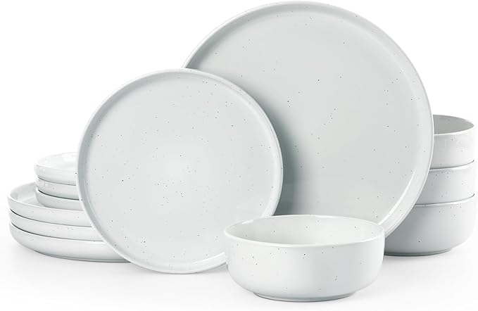 Famiware Dawn Plates and Bowls Sets, 12 Pieces Stoneware Dinnerware Sets, Dishes Set for 4, Microwave and Dishwasher Safe, White
