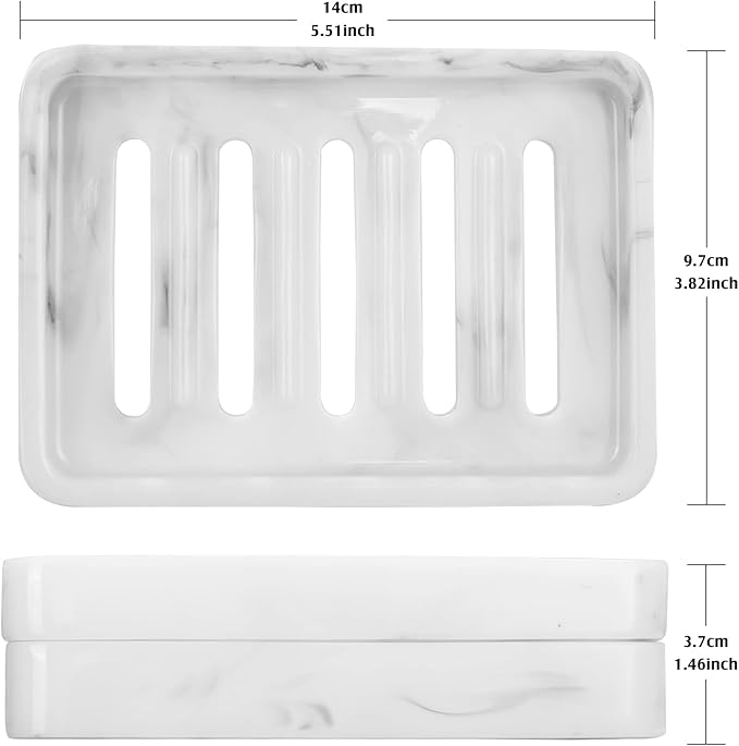 Shinowa Resin Soap Dish, Self-Draining Bar Soap Tray with Drainable Board, Dual Layer Sponge Holder for Bathroom Kitchen Shower Bathtub Sink Counter-top, Marble White