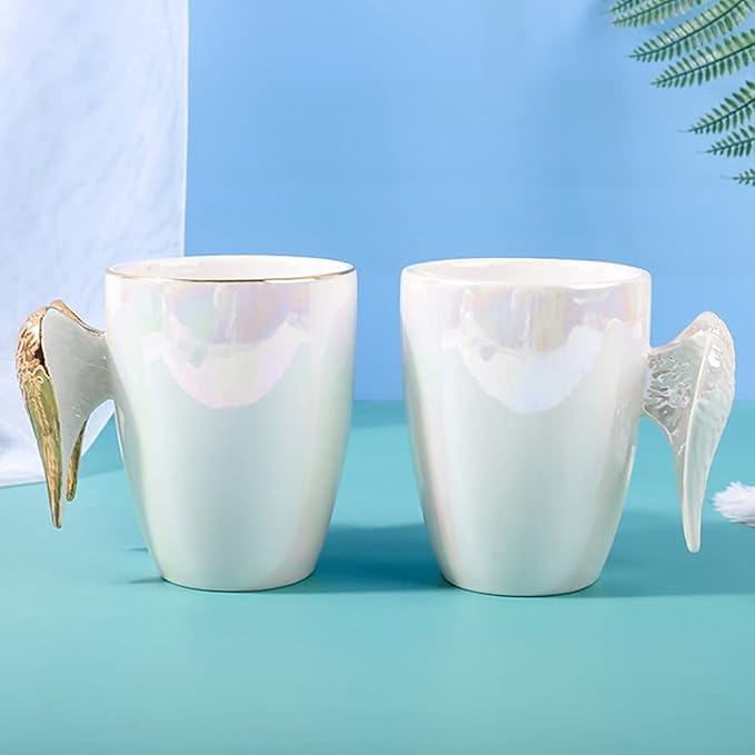 230ml Angel Wings Coffee Mug, Novelty Colorful Ceramic Cup with Angel Wing Handle, Gift for Mother's Day | Christmas | Birthday | Bridal Engagement | Wedding (White Handle)