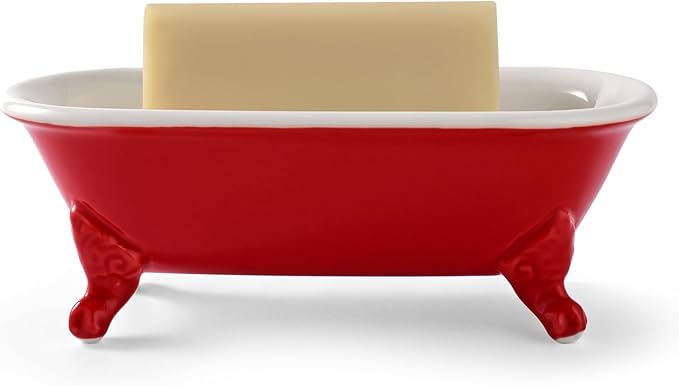 6.5" Ceramic Mini Decorative Clawfoot Bathtub Bar Soap Dish, Kitchen Sponge Holder and Shower Tray for Bathroom, 1 Pack(Chili)