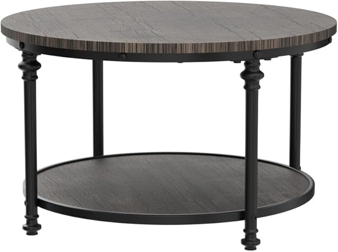 IDEALHOUSE Round Coffee Table for Living Room Rustic Center Table with Storage Shelf Wood Circle Coffee Table with Sturdy Metal Legs, Easy Assembly