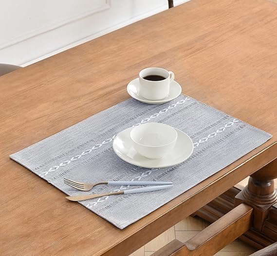 Wracra Cotton Linen Placemats, 12 x 18 Inch Set of 6 Placemats Rustic Hemstitch Place Mats for Kitchen Table and Heat Resistant-Hemstitch Grey