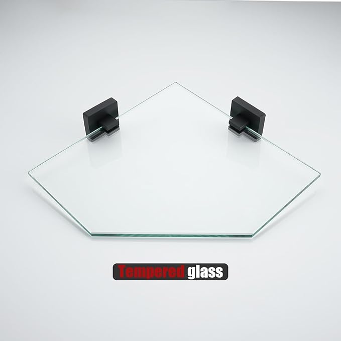 JQK Corner Glass Shelf Black, Bathroom 304 Stainless Steel Shower Triangle Floating Wall Shelf, 10 x 10 Tempered Glass, 2 Pack, TGS290L10-PB-P2
